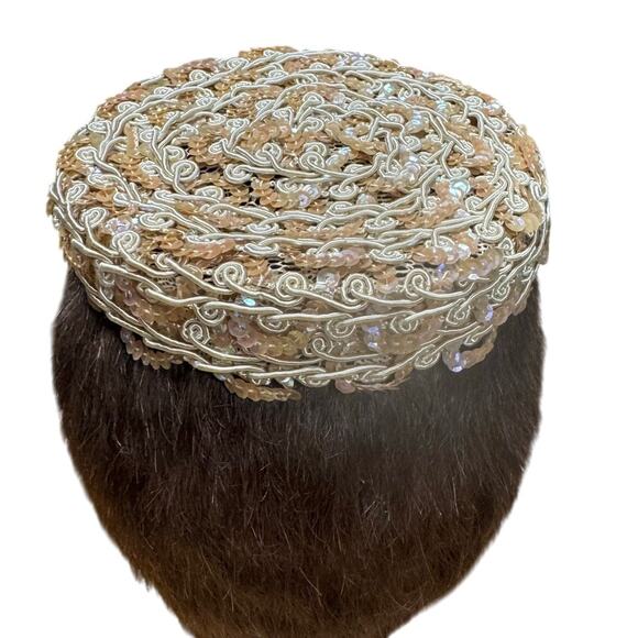 Vintage 60s Womens Small Pillbox Hat Mid Century Pink Taupe Pailettes Sequins - Picture 2 of 11